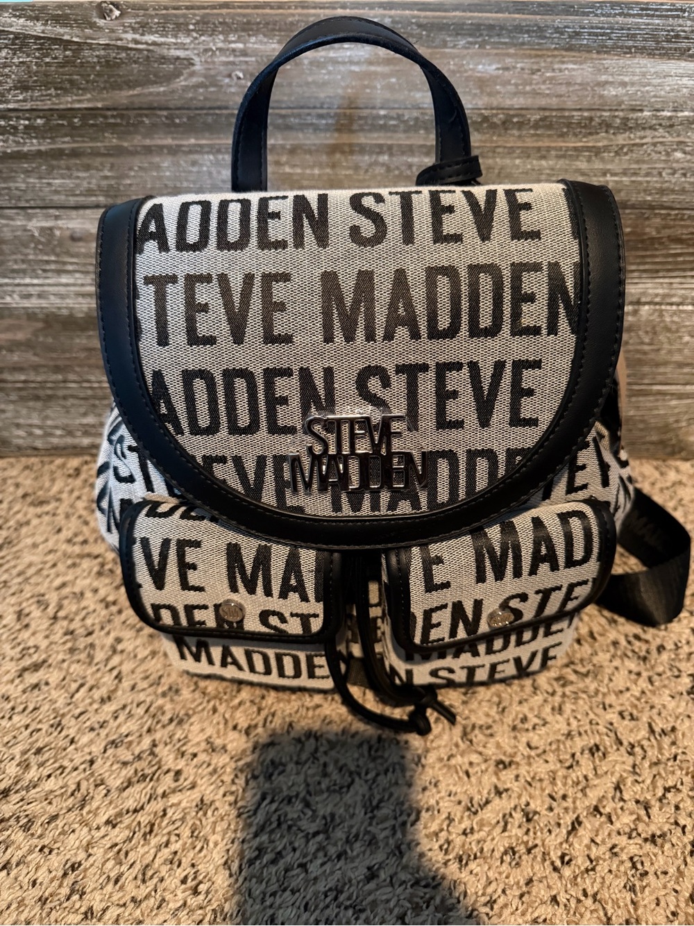 NWT Steve Madden Black and White Logo Canvas Mini Backpack